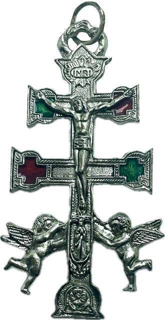 CRUZ DE CARAVACA DE METAL PLATEADO MEDIANA CON ANGELES CRISTO Y EL CORAZÓN DE JESÚS 