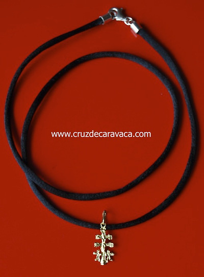 CARAVACA GOLD CROSS WITH BLACK RUBBER CORD 