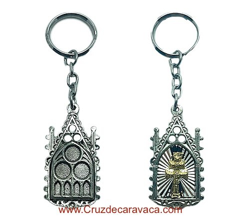 GOLDEN CARAVACA CROSS KEY RING IN SILVER PLATED GOTHIC CHAPEL 