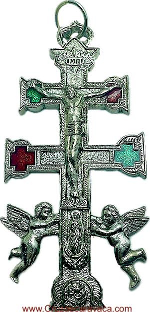 LARGE CARAVACA CROSS WITH ANGELS SILVER PLATED METAL WITH CHRIST AND THE HEART OF JESUS 