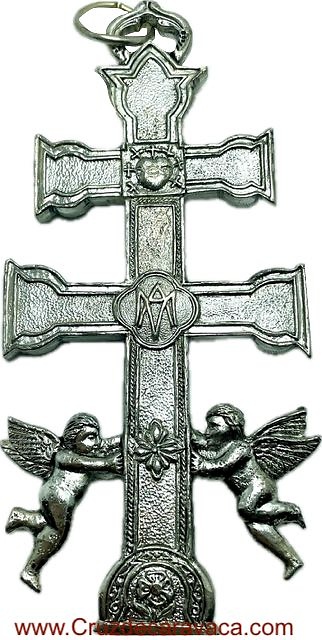 LARGE CARAVACA CROSS WITH ANGELS SILVER PLATED METAL WITH CHRIST AND THE HEART OF JESUS 