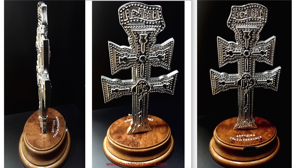 SILVER CARAVACA CROSS BIG WITH WOOD BASE 