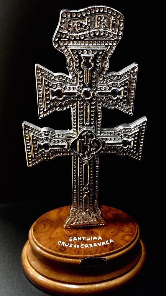 SILVER CARAVACA CROSS BIG WITH WOOD BASE 