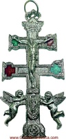 LARGE CARAVACA CROSS WITH ANGELS SILVER PLATED METAL WITH CHRIST AND THE HEART OF JESUS