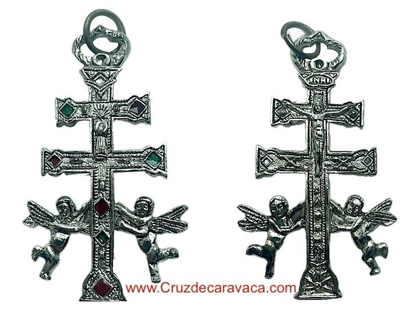 CRUZ DE CARAVACA DE METAL CON ROMBOS ESMALTADOS VERDES ROJOS Y CRISTO 