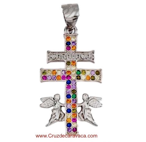 CRUZ DE CARAVACA DE PLATA CON ANGELES Y CIRCONITAS DE COLORES 