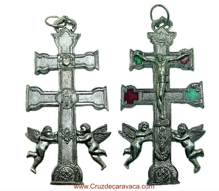 CRUZ DE CARAVACA GRANDE CON ÁNGELES METAL PLATEADO CON CRISTO, LA VIRGEN Y EL CORAZÓN DE JESUS 