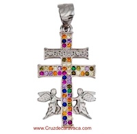 CRUZ DE CARAVACA DE PLATA CON ANGELES Y CIRCONITAS DE COLORES